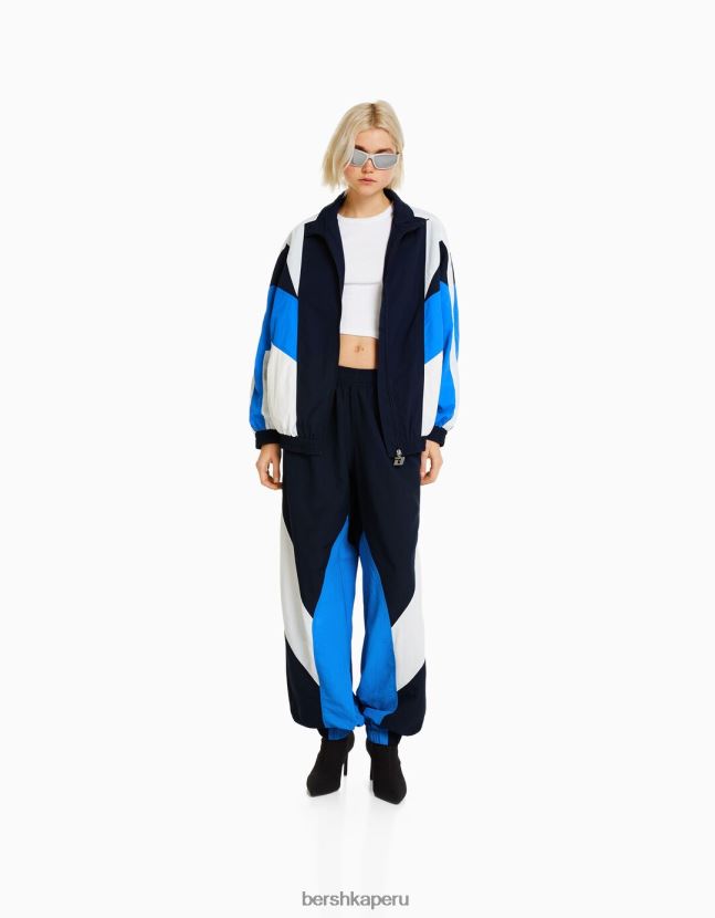 azul Bershka mujer conjunto de chaqueta y pantalón de nailon color block 806J6B2062