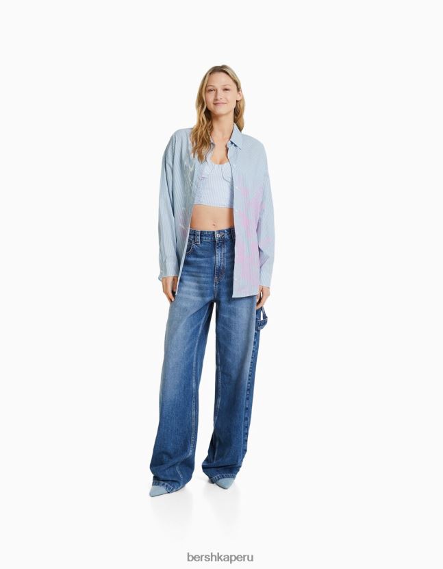 azul claro Bershka mujer conjunto de camisa y top de popelina con estampado de rayas 806J6B2047