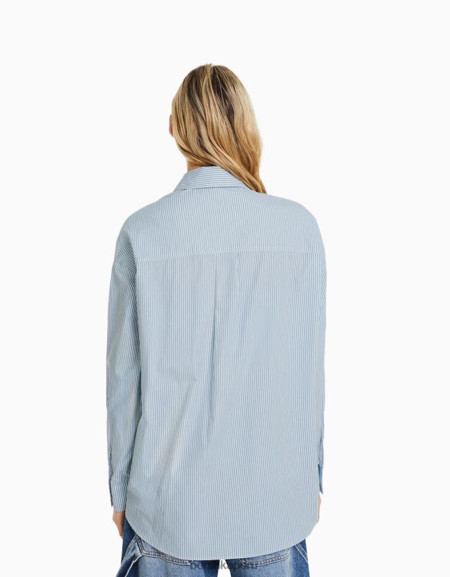 azul claro Bershka mujer conjunto de camisa y top de popelina con estampado de rayas 806J6B2047
