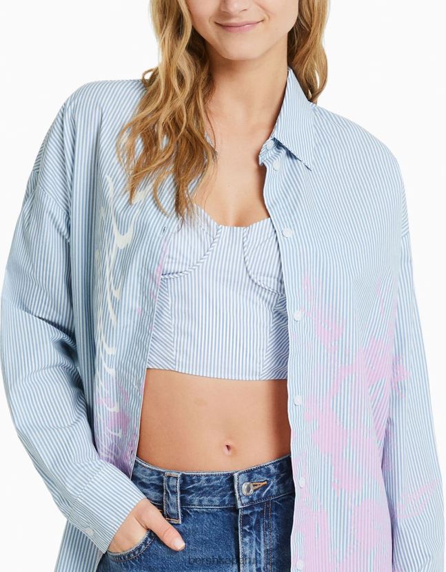 azul claro Bershka mujer conjunto de camisa y top de popelina con estampado de rayas 806J6B2047