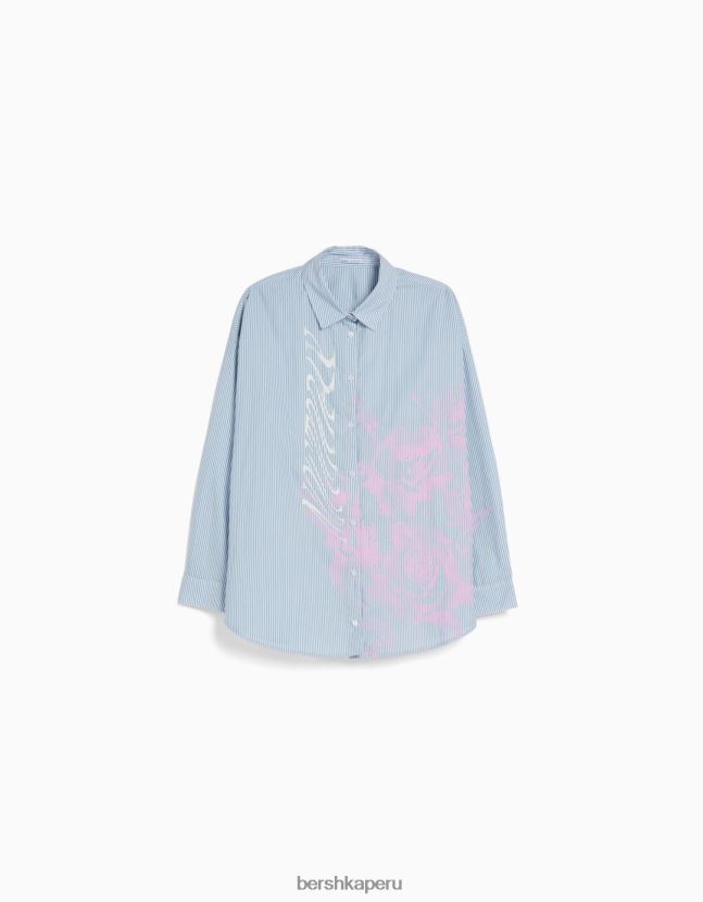 azul claro Bershka mujer conjunto de camisa y top de popelina con estampado de rayas 806J6B2047