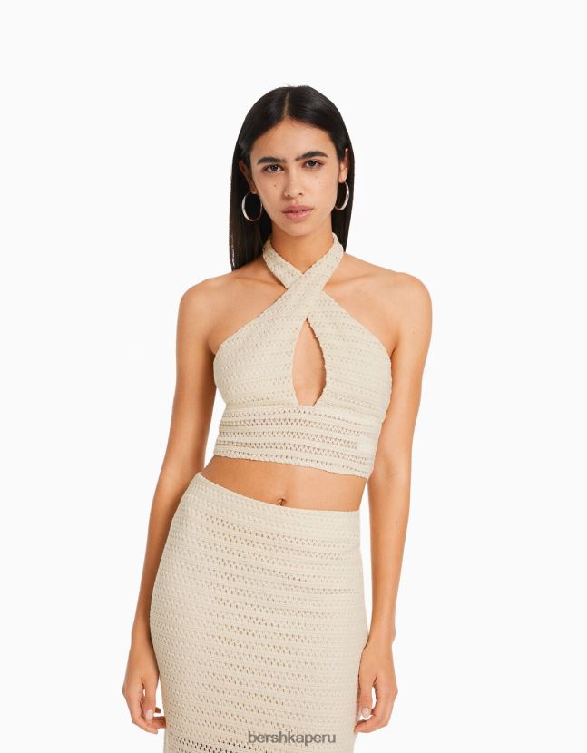 beige Bershka mujer conjunto de blusa y falda de crochet rustico 806J6B2037
