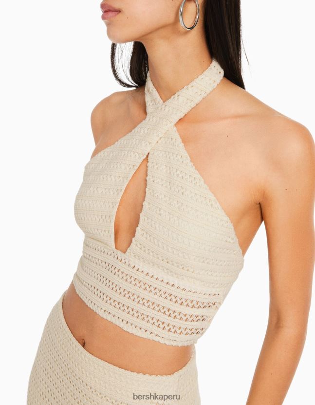 beige Bershka mujer conjunto de blusa y falda de crochet rustico 806J6B2037