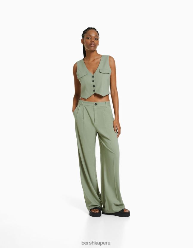 caqui Bershka mujer conjunto de chaleco y pantalón de corte entallado 806J6B1999