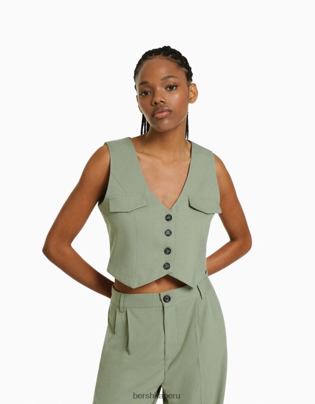 caqui Bershka mujer conjunto de chaleco y pantalón de corte entallado 806J6B1999