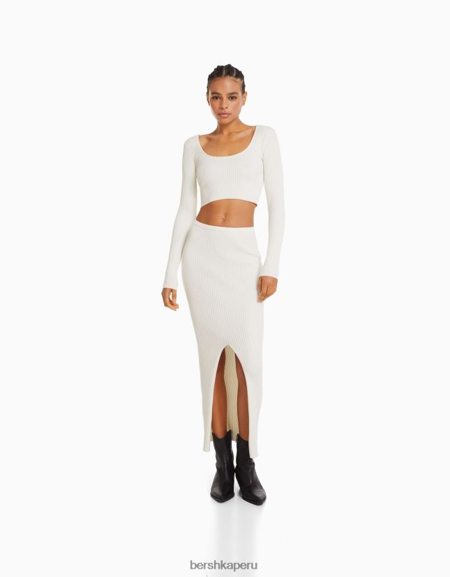 crema Bershka mujer conjunto jersey canalé y falda midi 806J6B967