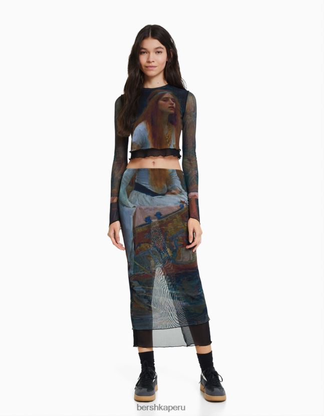 negro Bershka mujer conjunto de camiseta y falda de tul serie de arte 806J6B2051