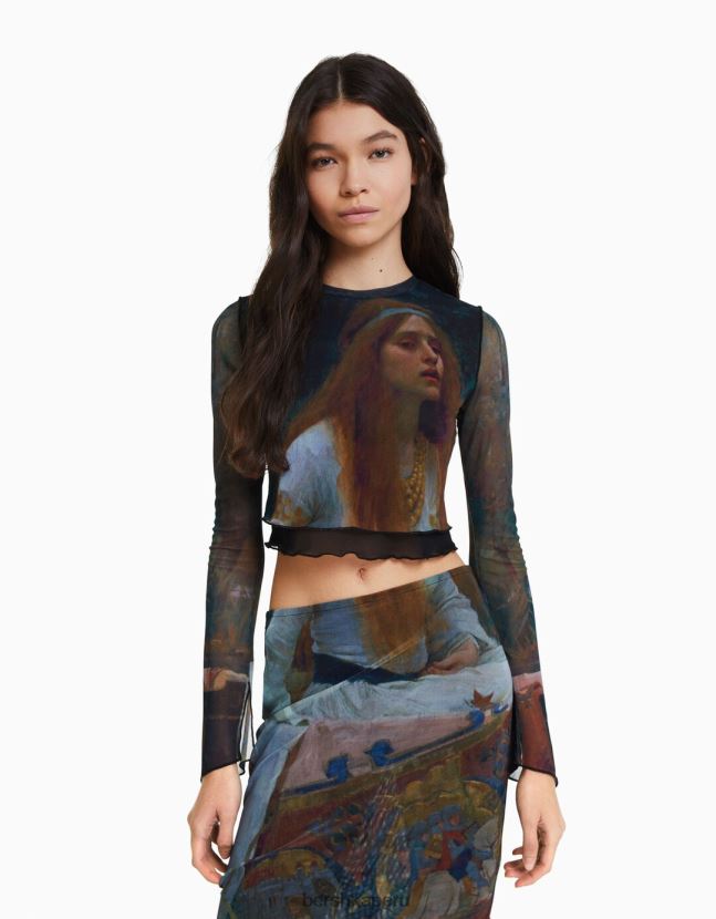 negro Bershka mujer conjunto de camiseta y falda de tul serie de arte 806J6B2051