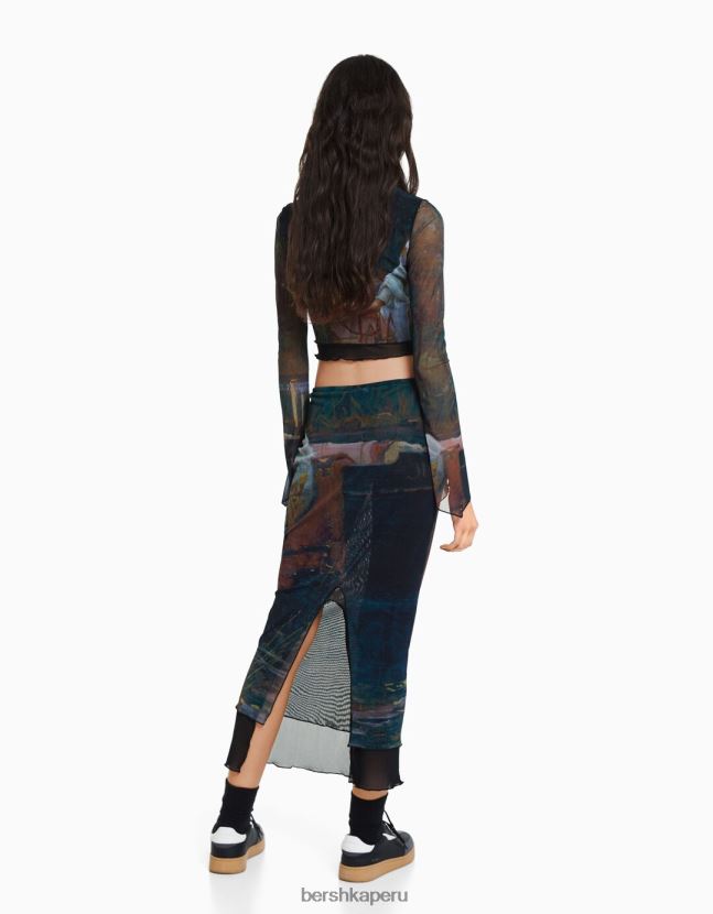 negro Bershka mujer conjunto de camiseta y falda de tul serie de arte 806J6B2051