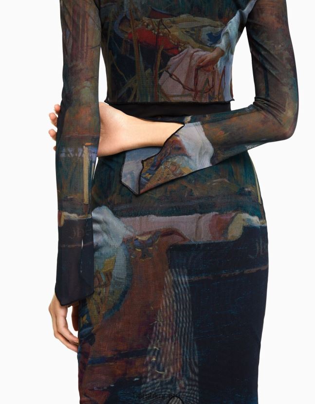negro Bershka mujer conjunto de camiseta y falda de tul serie de arte 806J6B2051