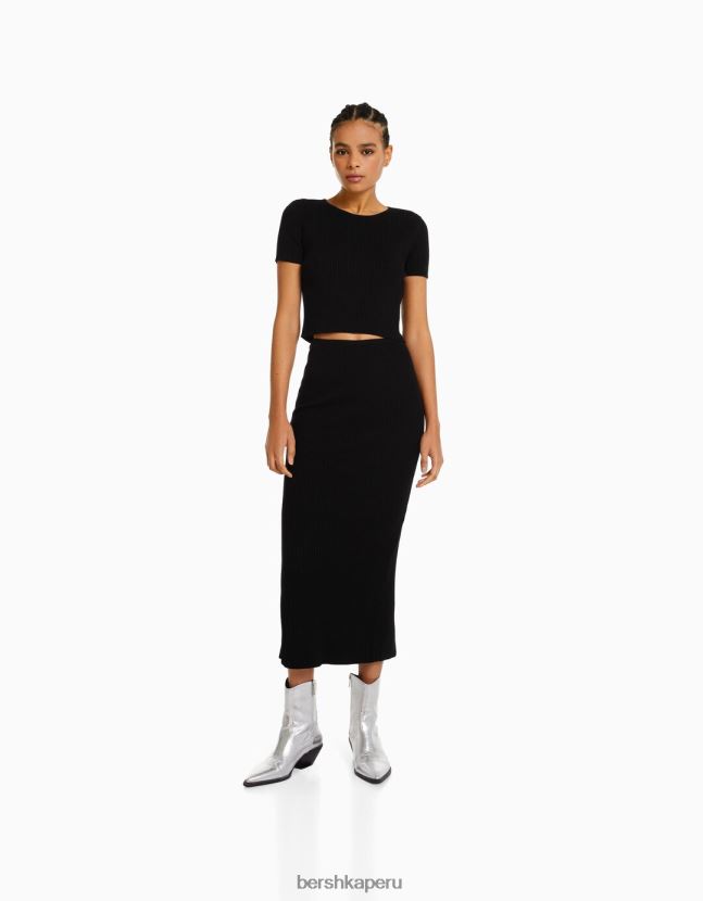 negro Bershka mujer conjunto de suéter y falda de manga corta de punto canalé 806J6B955