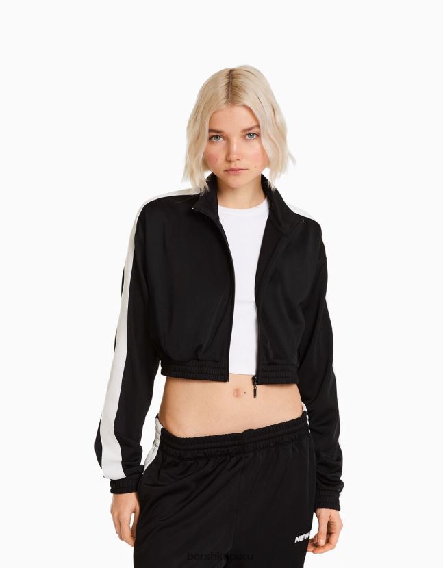 negro Bershka mujer conjunto de sudadera y pantalón con franjas laterales 806J6B2058