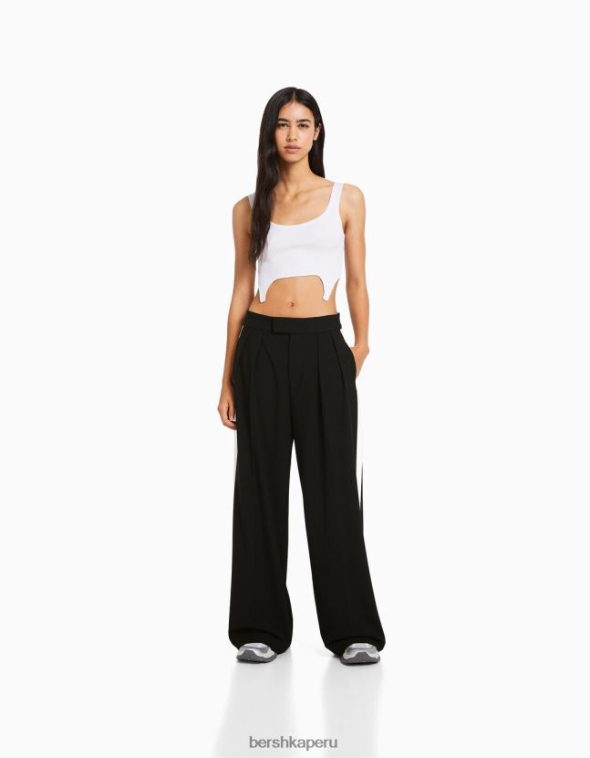 negro Bershka mujer pantalones de vestir de pernera ancha con rayas laterales 806J6B2008