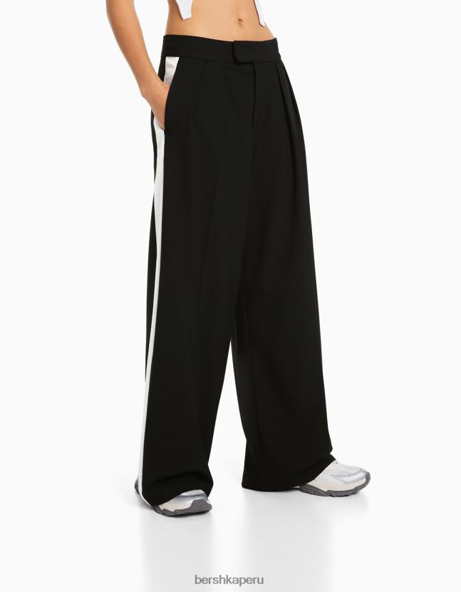 negro Bershka mujer pantalones de vestir de pernera ancha con rayas laterales 806J6B2008