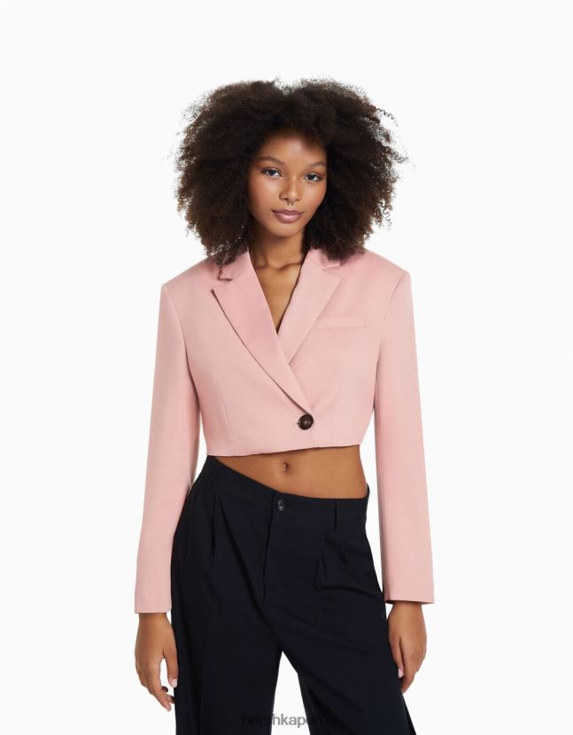 rosa Bershka mujer blazer corto de sarga de vestir 806J6B2009