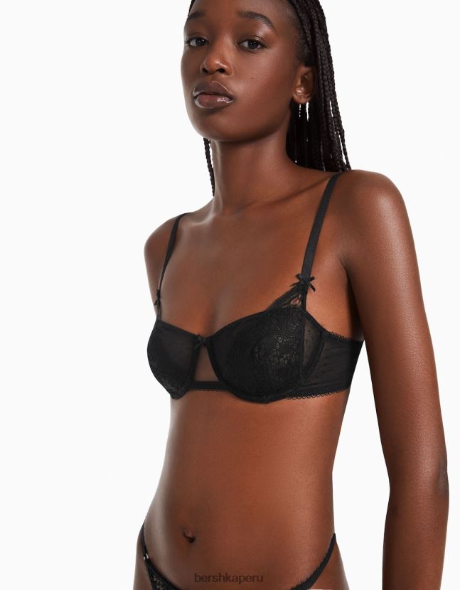 negro Bershka mujer sujetador de encaje negro con aros 806J6B1746