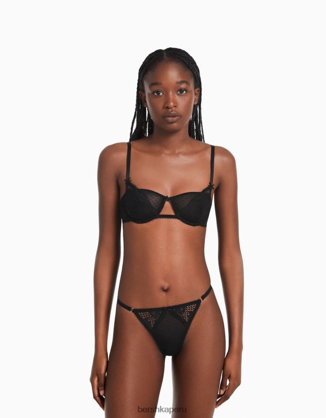 negro Bershka mujer tanga de encaje rubio con malla de lunares 806J6B1749