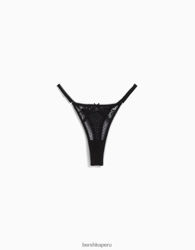 negro Bershka mujer tanga de encaje rubio con malla de lunares 806J6B1749