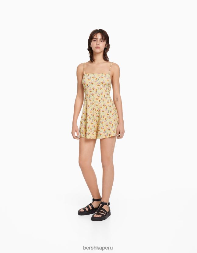 amarillo Bershka mujer mameluco con tirantes y estampado floral 806J6B275