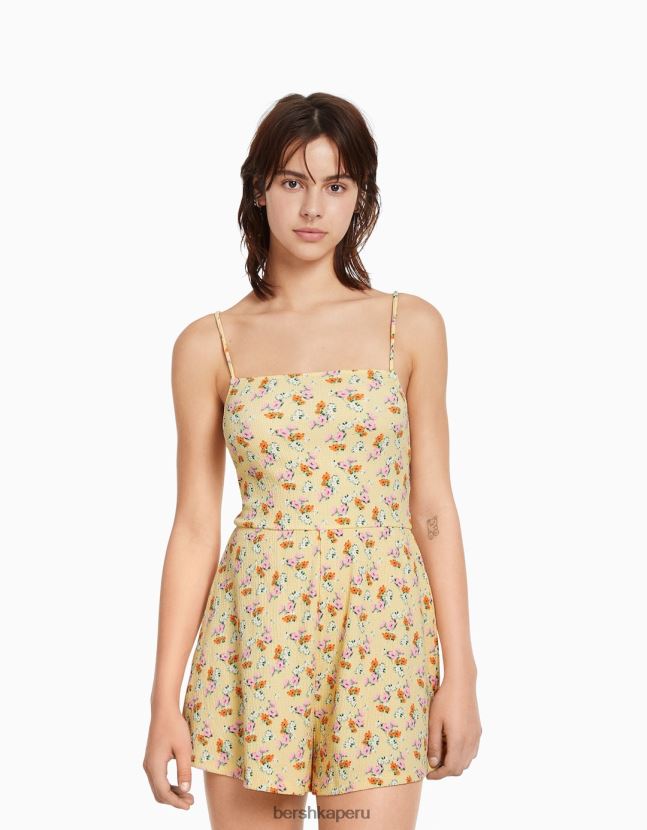 amarillo Bershka mujer mameluco con tirantes y estampado floral 806J6B275