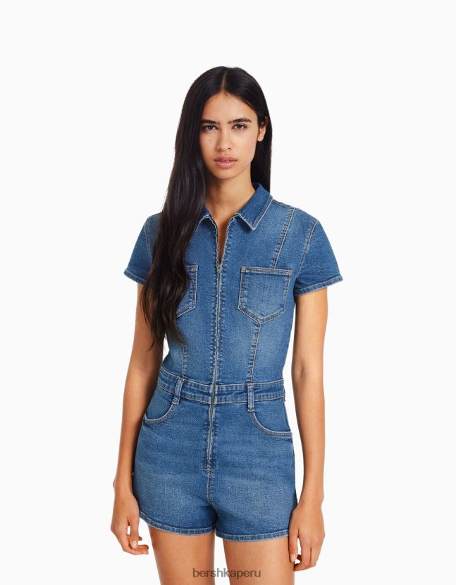 azul claro Bershka mujer mameluco de mezclilla con cremallera 806J6B29