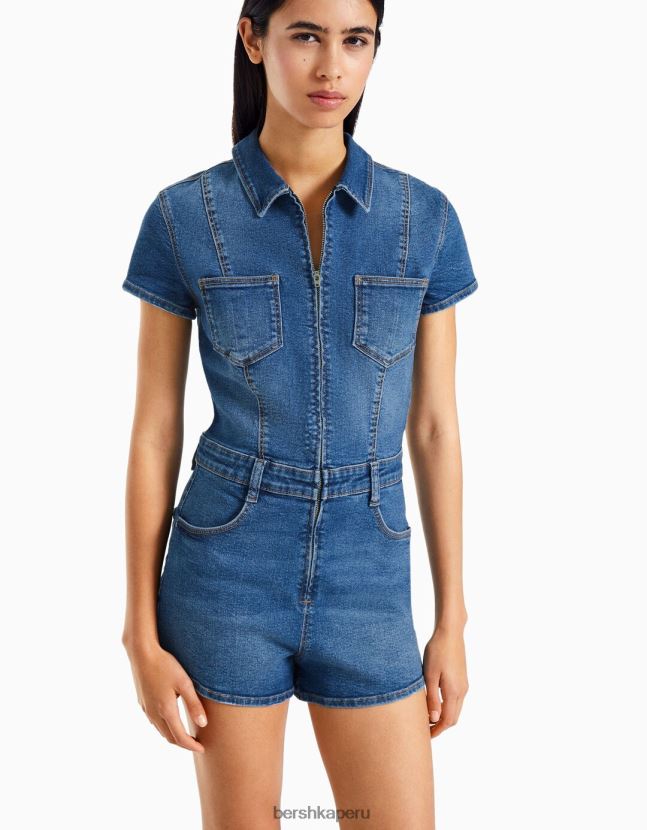 azul claro Bershka mujer mameluco de mezclilla con cremallera 806J6B29