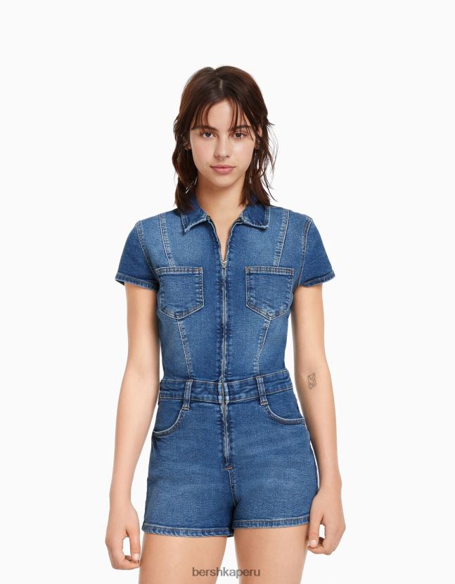 azul claro Bershka mujer mameluco de mezclilla con cremallera 806J6B4080