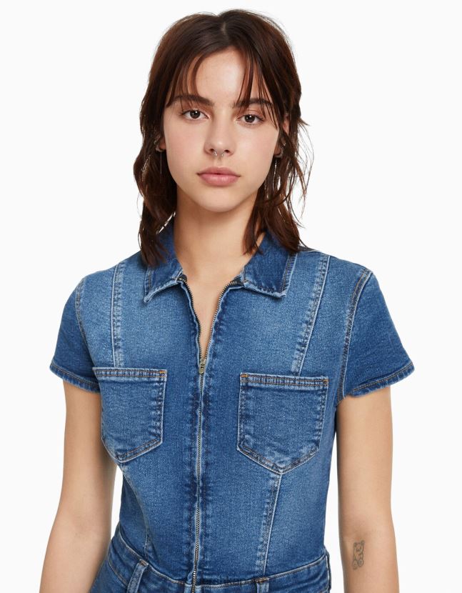 azul claro Bershka mujer mameluco de mezclilla con cremallera 806J6B4080
