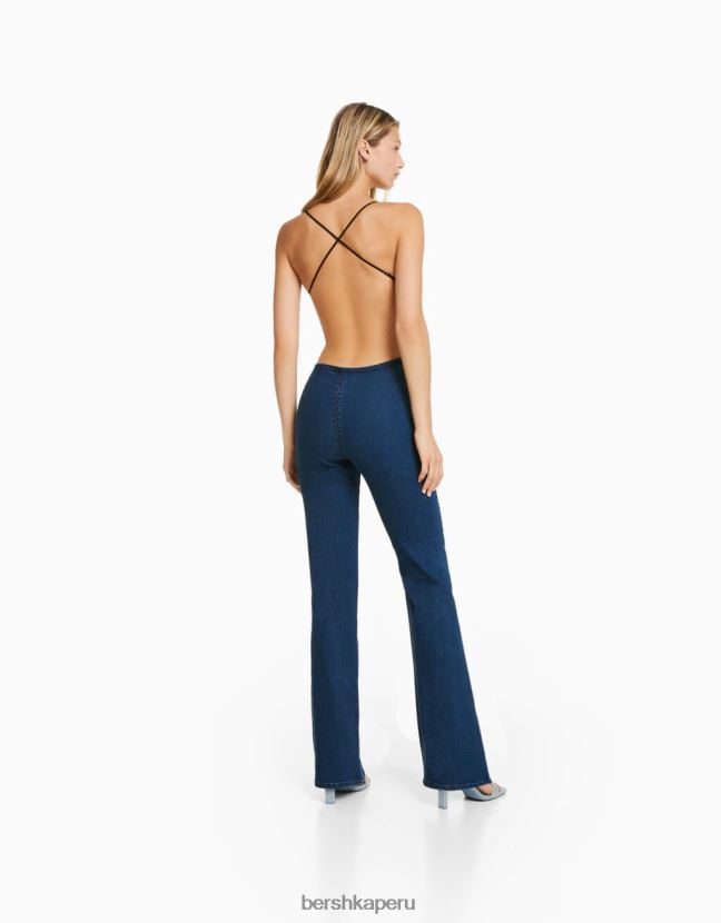 azul claro Bershka mujer mono vaquero elástico con abertura en la espalda 806J6B60