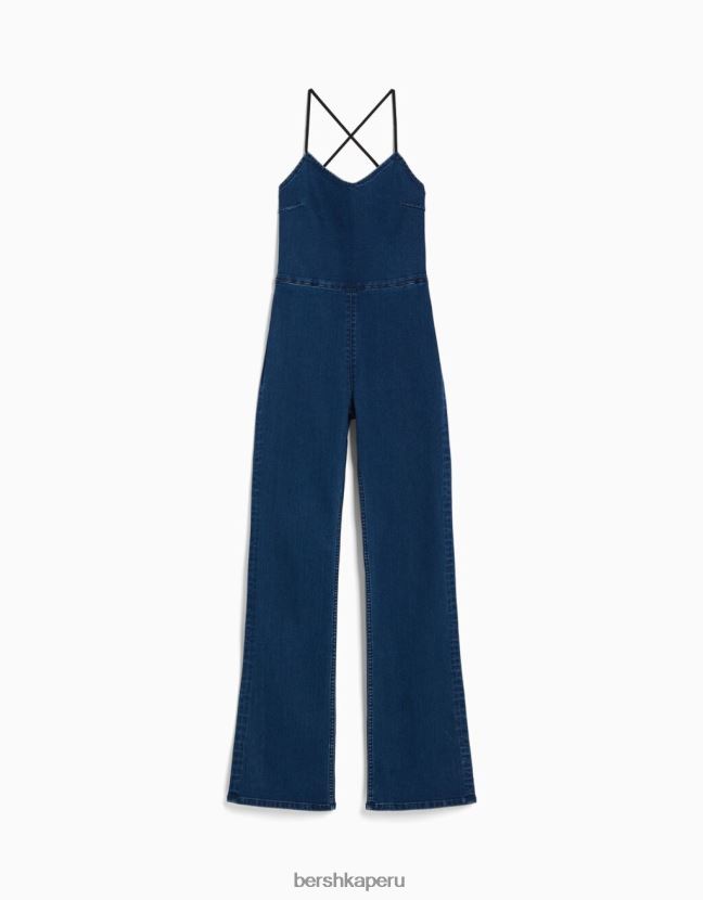 azul claro Bershka mujer mono vaquero elástico con abertura en la espalda 806J6B60