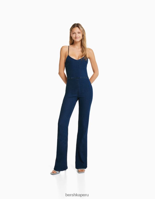 azul claro Bershka mujer mono vaquero elástico con abertura en la espalda 806J6B61