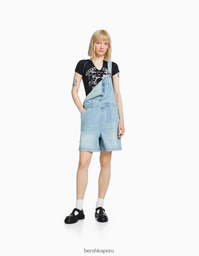 azul claro Bershka mujer overol de mezclilla con detalles de carpintero 806J6B265