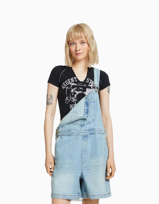 azul claro Bershka mujer overol de mezclilla con detalles de carpintero 806J6B265