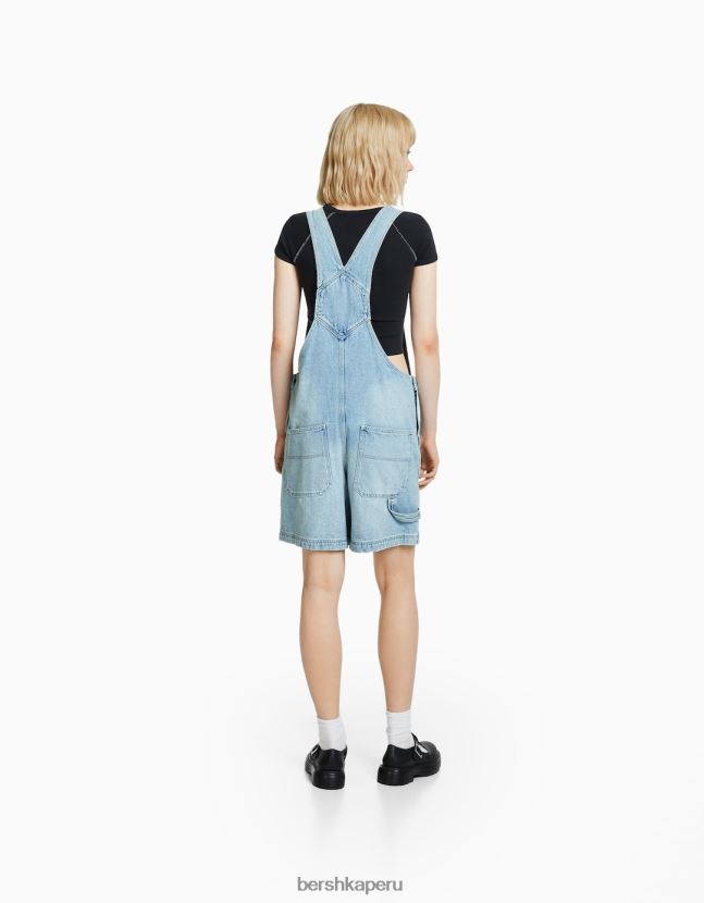 azul claro Bershka mujer overol de mezclilla con detalles de carpintero 806J6B265