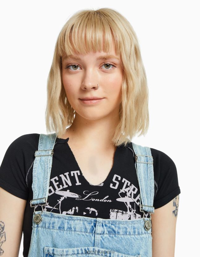 azul claro Bershka mujer overol de mezclilla con detalles de carpintero 806J6B265