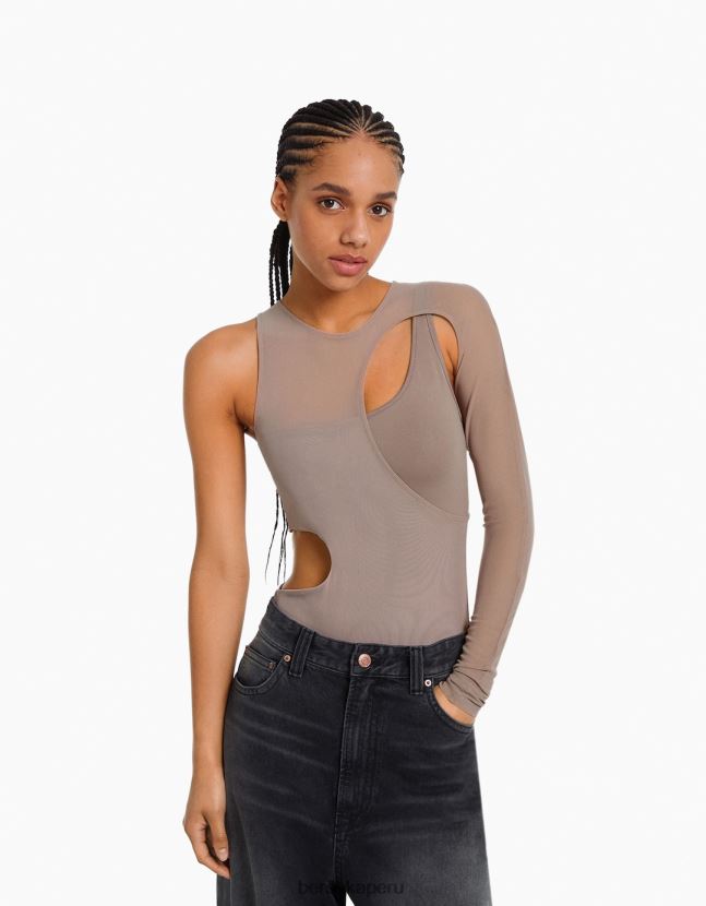 gris Bershka mujer body de tul asimétrico de manga larga 806J6B358