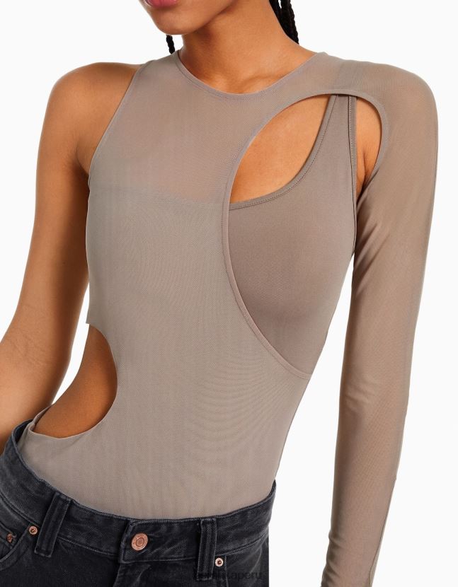 gris Bershka mujer body de tul asimétrico de manga larga 806J6B358
