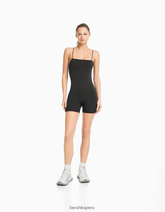 gris oscuro Bershka mujer mono de ciclismo sin costuras con tiras y escote cuadrado 806J6B59
