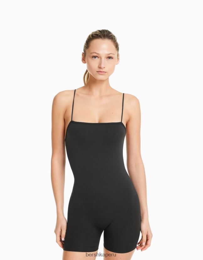gris oscuro Bershka mujer mono de ciclismo sin costuras con tiras y escote cuadrado 806J6B59