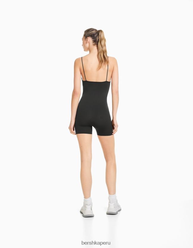 gris oscuro Bershka mujer mono de ciclismo sin costuras con tiras y escote cuadrado 806J6B59