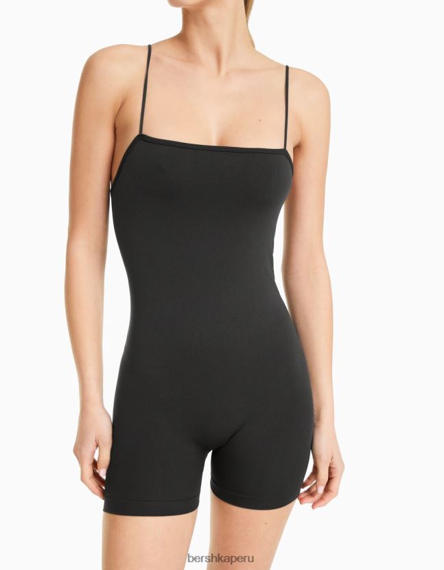 gris oscuro Bershka mujer mono de ciclismo sin costuras con tiras y escote cuadrado 806J6B59
