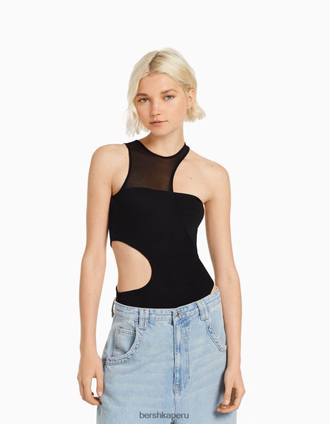 negro Bershka mujer body sin mangas con abertura y detalle de malla 806J6B769