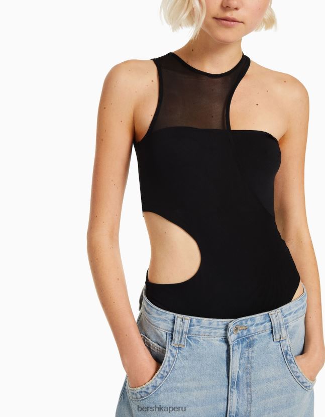 negro Bershka mujer body sin mangas con abertura y detalle de malla 806J6B769