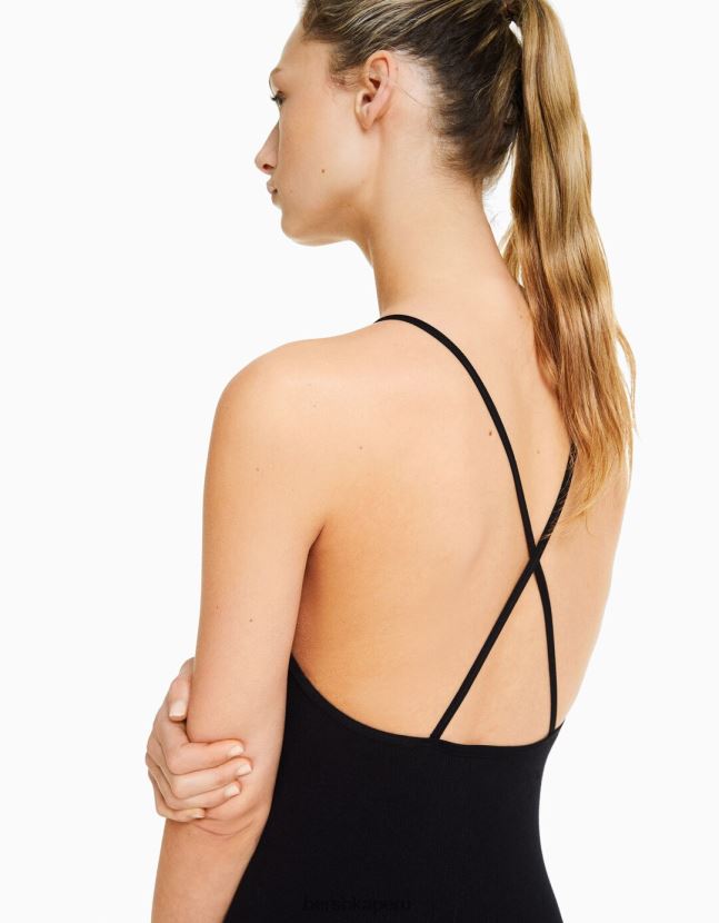 negro Bershka mujer mono de tiras sin costuras con espalda cruzada 806J6B96