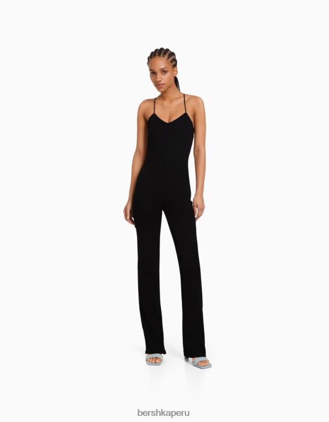 negro Bershka mujer mono vaquero elástico con abertura en la espalda 806J6B141