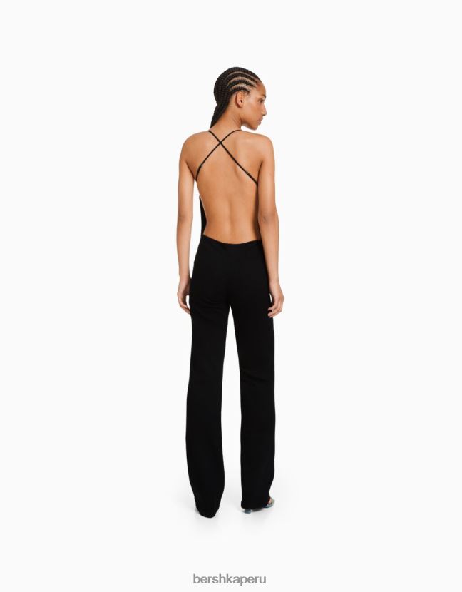 negro Bershka mujer mono vaquero elástico con abertura en la espalda 806J6B141