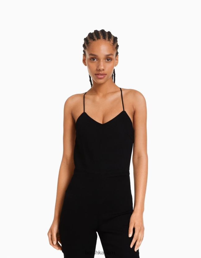 negro Bershka mujer mono vaquero elástico con abertura en la espalda 806J6B142