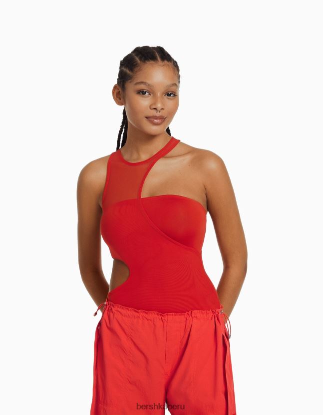 rojo Bershka mujer body sin mangas con abertura y detalle de malla 806J6B771