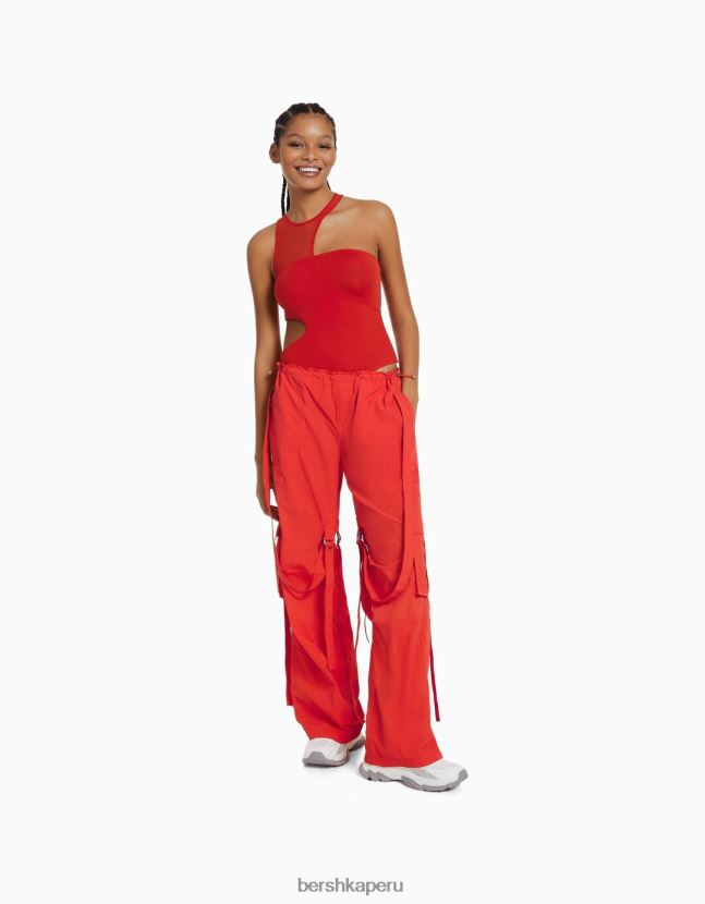 rojo Bershka mujer body sin mangas con abertura y detalle de malla 806J6B771