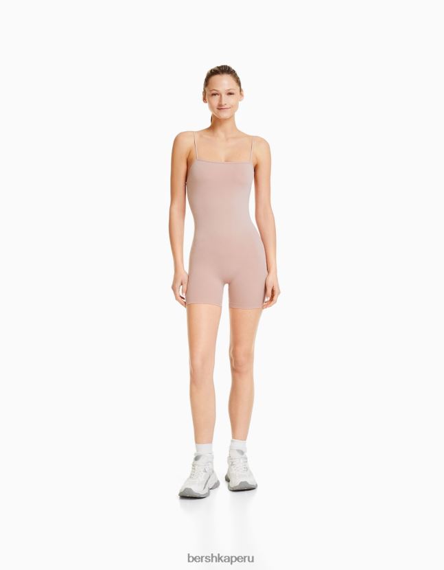 rosa Bershka mujer mono de ciclismo sin costuras con tiras y escote cuadrado 806J6B58